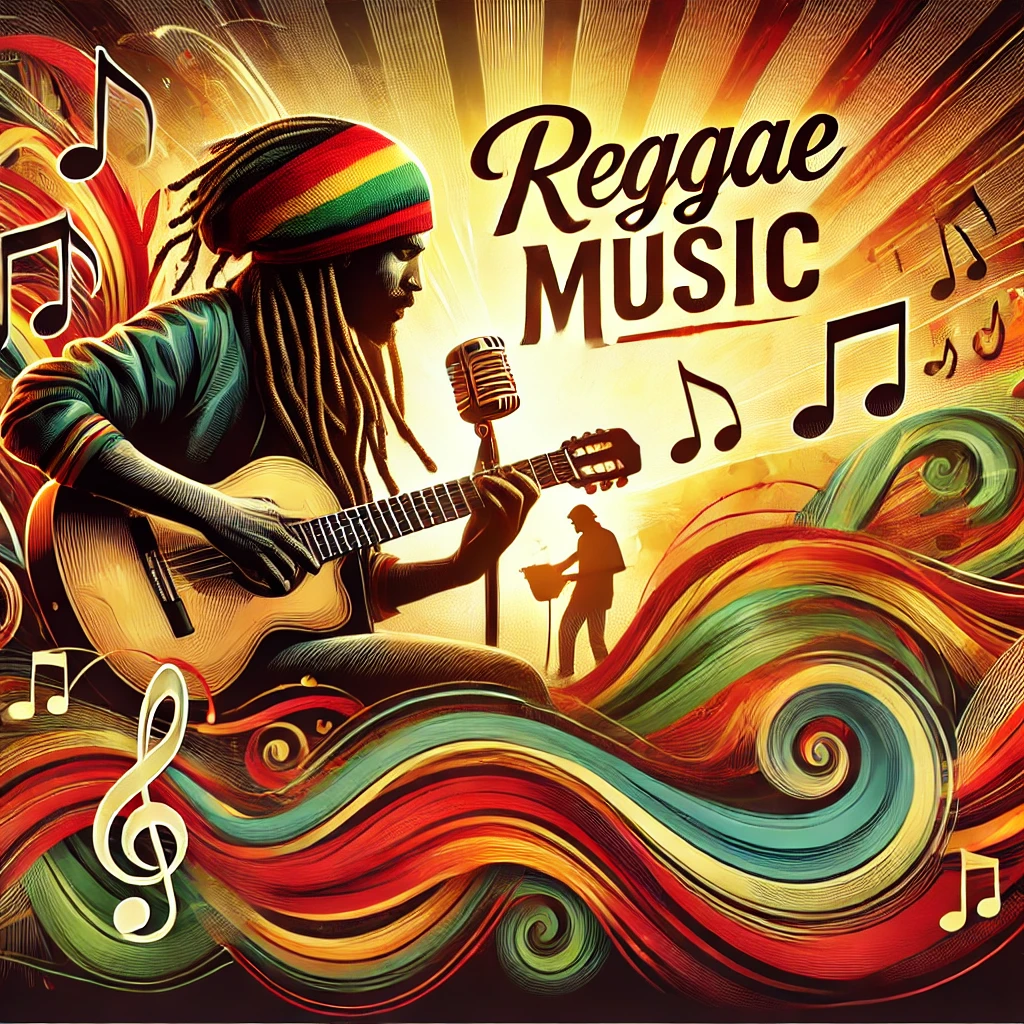 Power-Of-Reggae-Blog-Featured-image-w-Text-A-vibrant-and-dynamic-digital-illustration-capturing-the-essence-of-reggae-music.-The-image-features-a-Rastafarian-musician-with-dreadlocks-playing